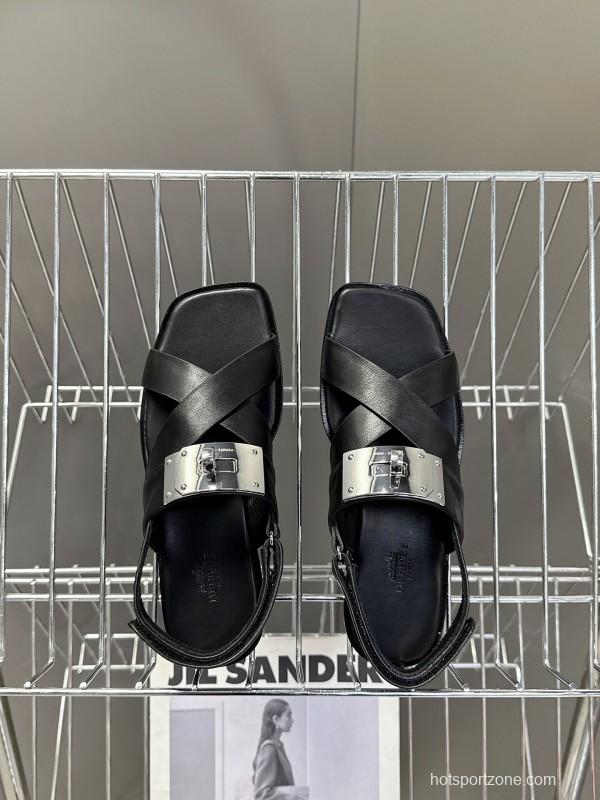 2025 Women Hermès Black Leather Sandals Metal Buckle KFY00300
