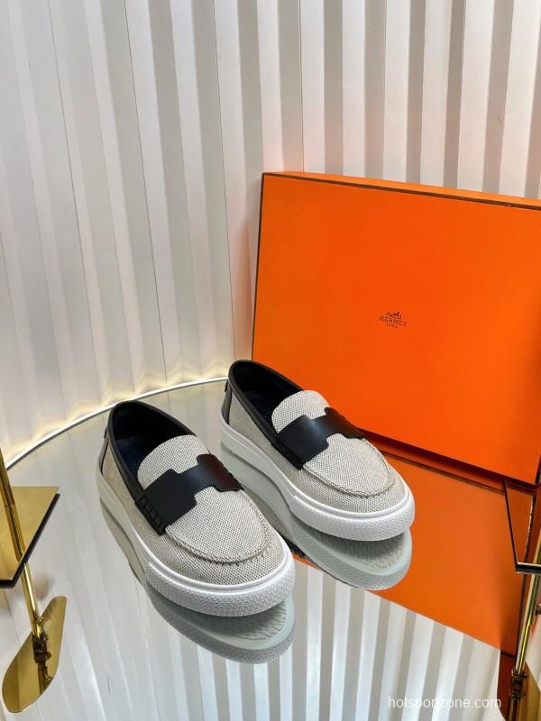 2025 Unisex Hermès Black White Leather Fabric Loafers LY00310(F)/LY00320(M)