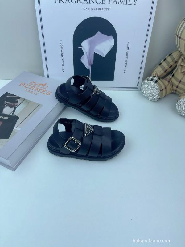 2025 Kids PRADA Black White Leather Sandals