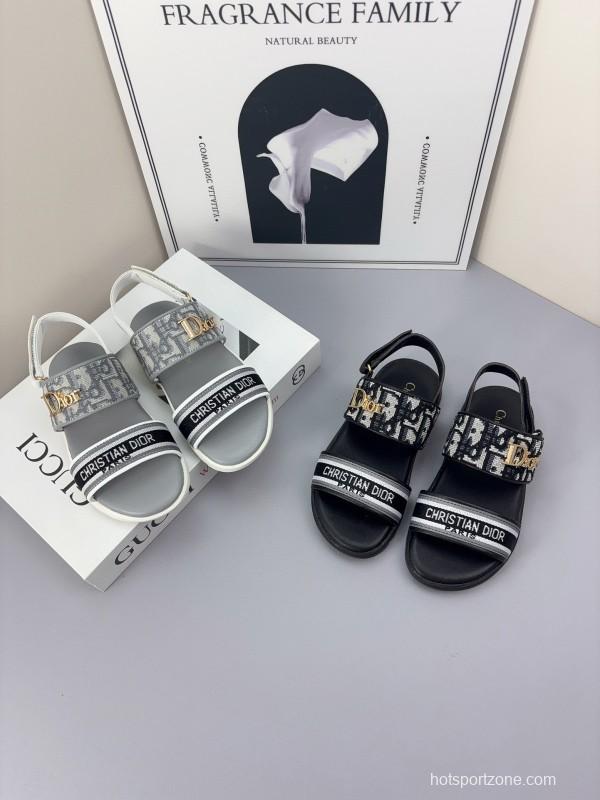2025 Kids Dior Gray Black Canvas Leather Sandals