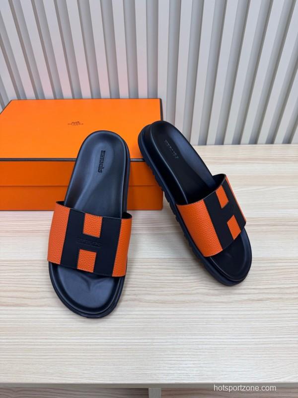 2025 Slippers Hermès Orange Black Leather Slippers