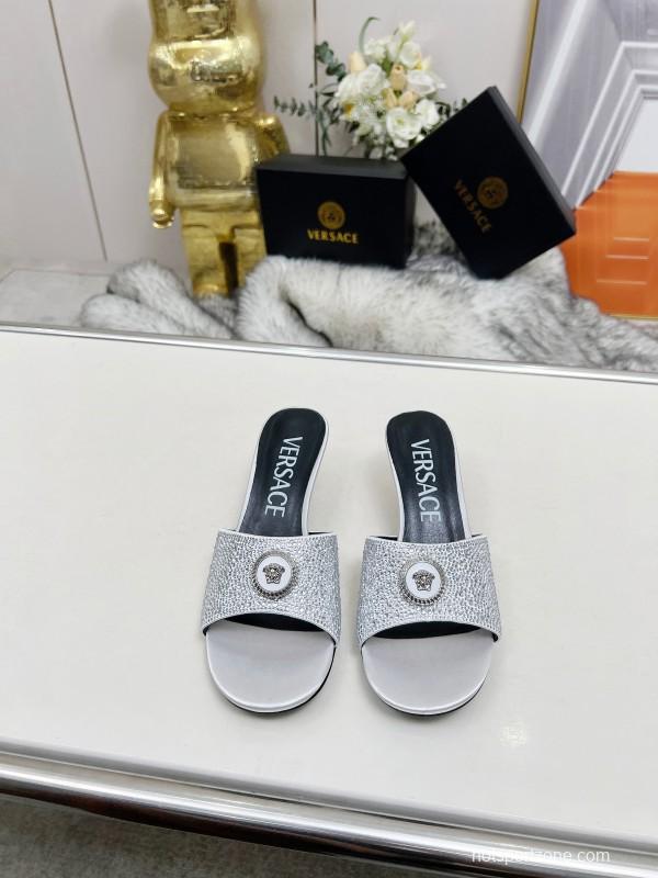 2025 Women VERSACE White Crystal Satin Mules