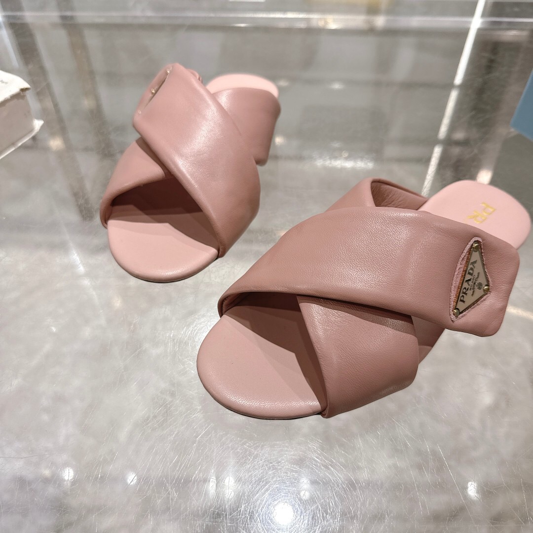 2025 Women Prada Pink Leather Slippers