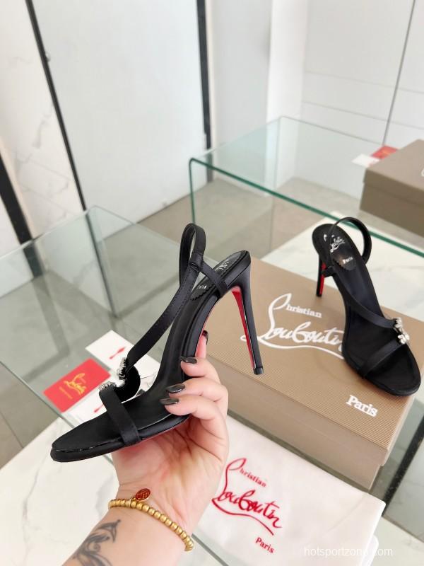 2025 Women ChristianLouboutin Black Satin High Heel Sandals Crystal Embellishment LY00300