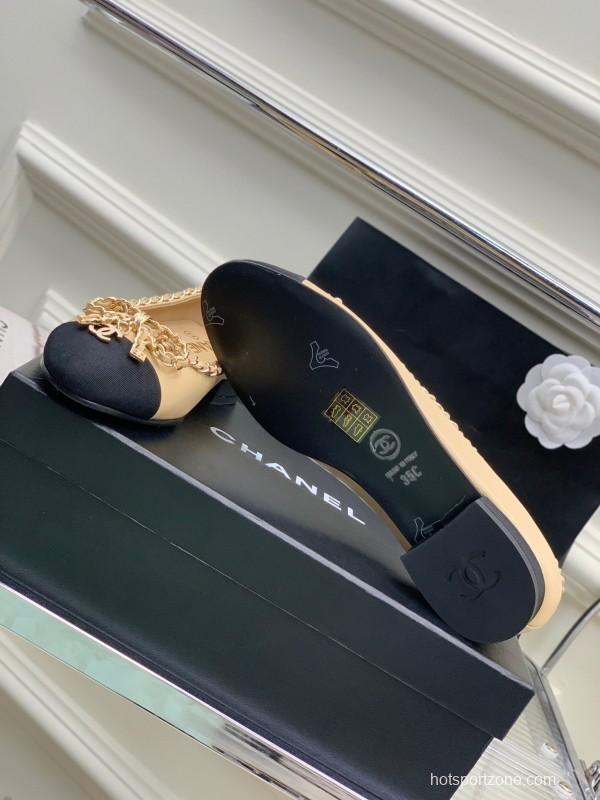 2025 Women Chanel Beige Black Leather Ballet Flats