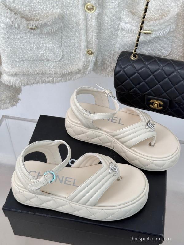 2025 Women Chanel White Leather Sandals