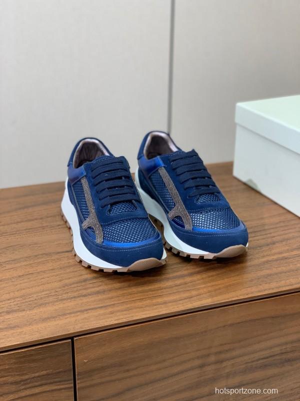 2025 Men Brunello Cucinelli Blue Navy Suede Mesh Casual Sneakers KFY00310