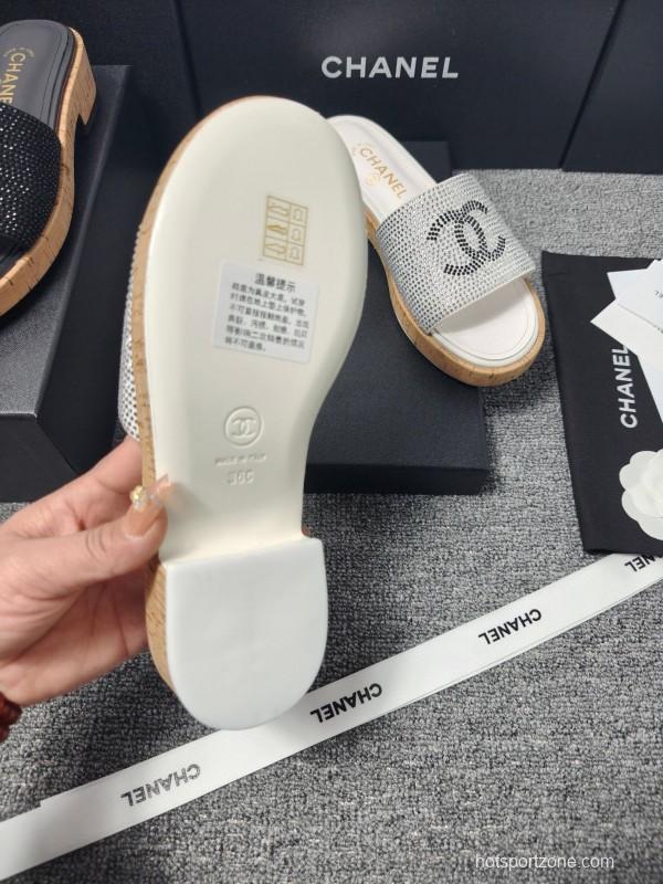 2025 CHANEL Silver Crystal Leather Slippers