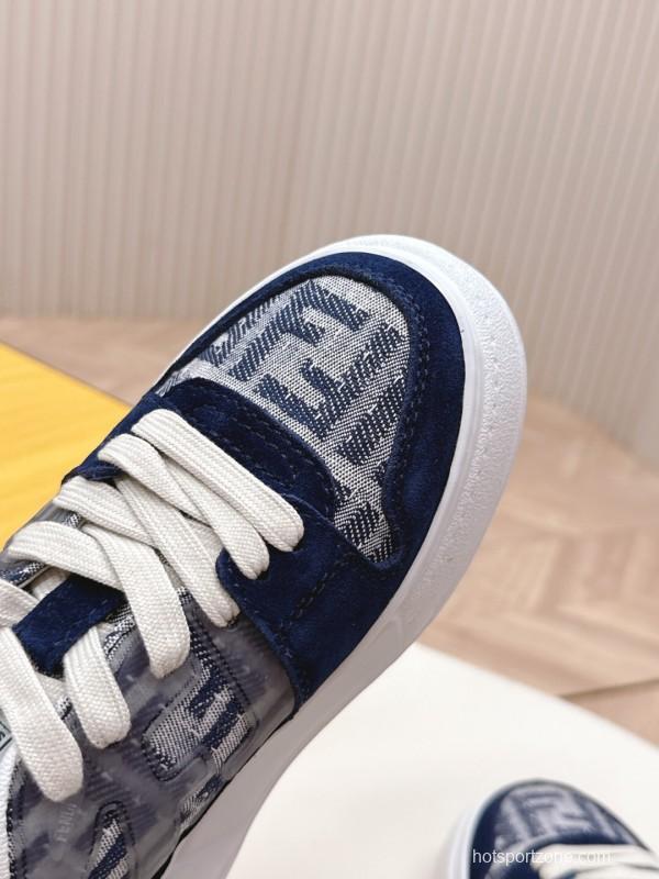 2025 Women Fendi Navy Grey Leather Canvas Sneakers LY00340