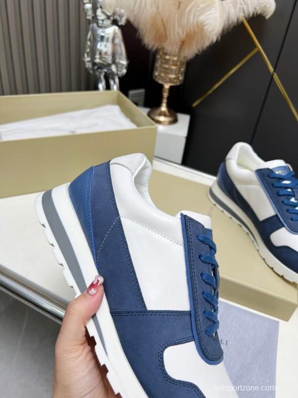 2024 Men Brunello Cucinelli Blue White Suede Calfskin Sneakers MJ00360