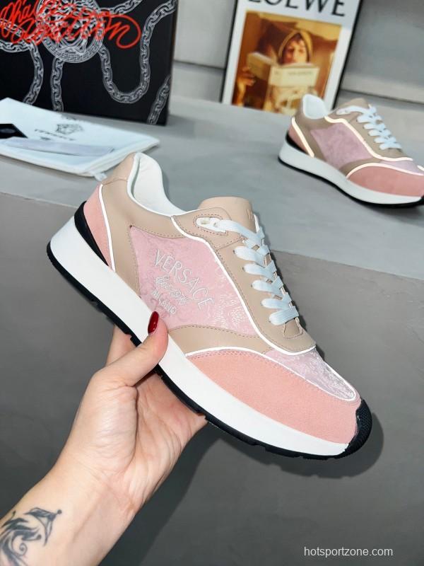 2025 Women VERSACE Pink Beige Suede Leather Sneakers Embroidery LY00320