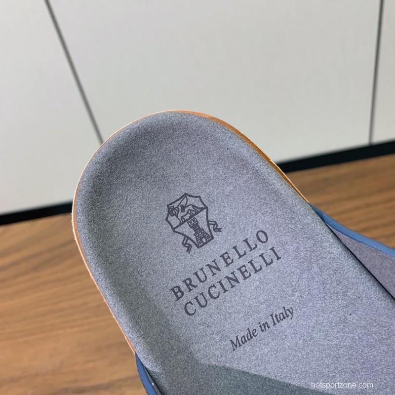 2025 Unisex Brunello Cucinelli Blue Suede Leather Slippers KFY00250