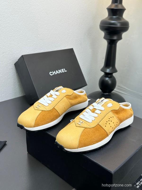 2025 Women Chanel Yellow Suede Casual Sneakers Handmade CC Logo LY00360(F)