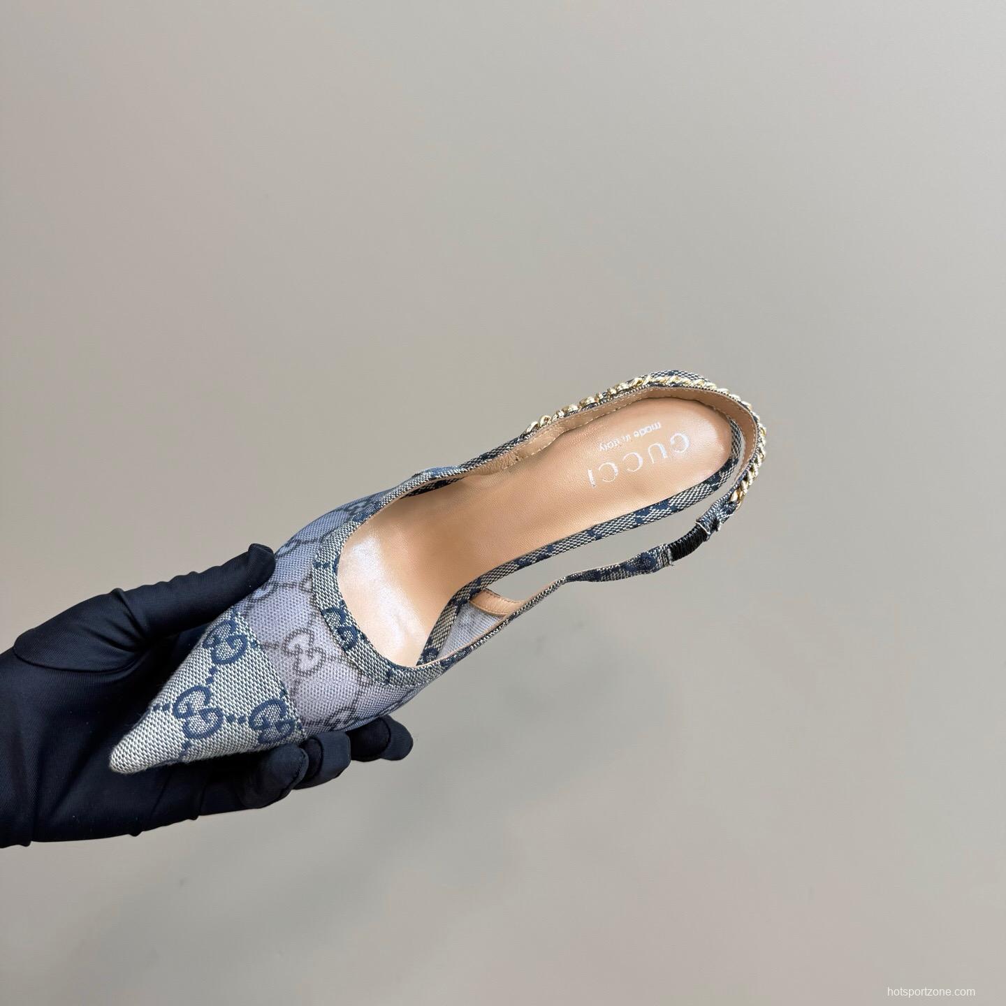 2025 Women Gucci White Mesh Slingback Heels With Crystal Chain Detailing KFY00300(F)