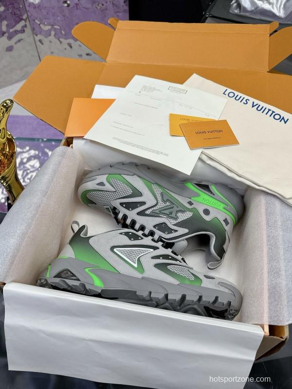 2025 Men Louis Vuitton Green Grey Mesh Leather Sneakers MJ00420