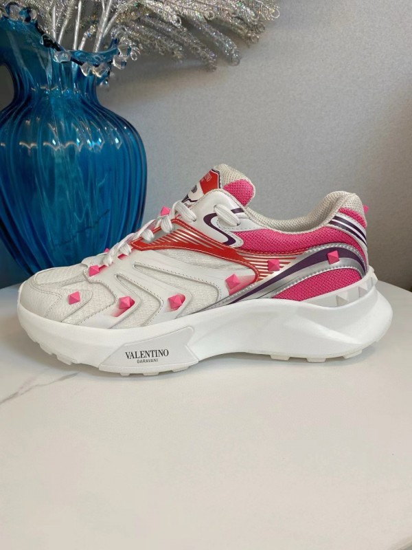 2024 Unisex Valentino White Pink Mesh Leather Sneakers MJ00410