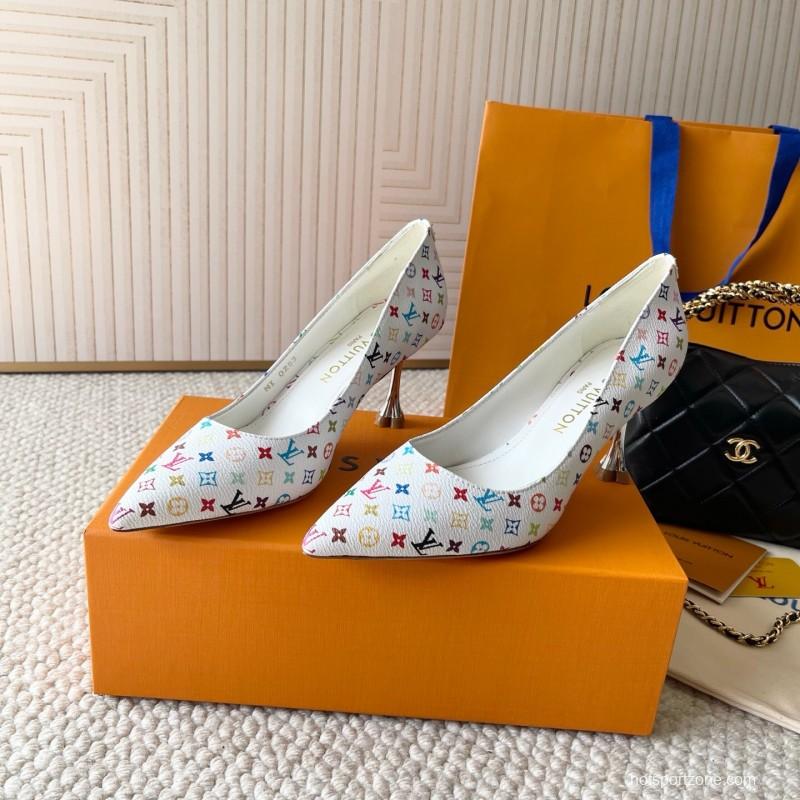 2025 Women Louis Vuitton White Multicolor Leather High Heel Shoes