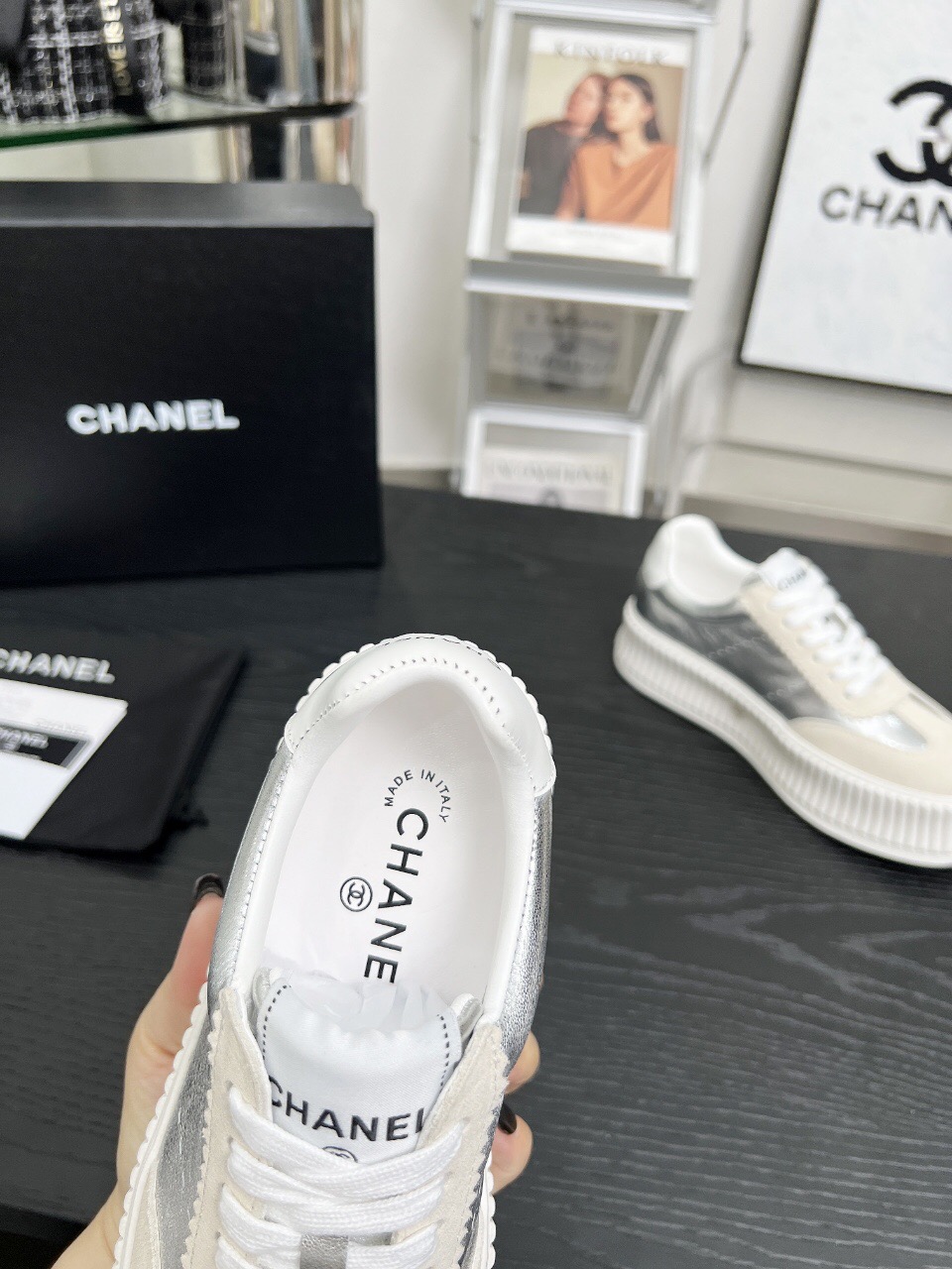 2025 Women Chanel White Silver Suede Leather Sneakers LY00270
