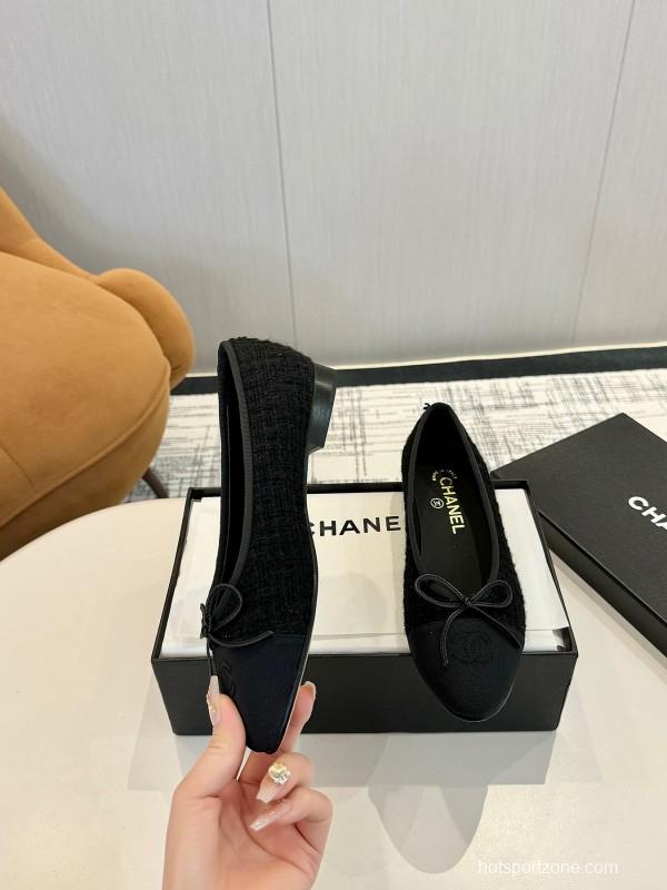 2025 Women Chanel Black Lambskin Tweed Ballet Flats LY00250