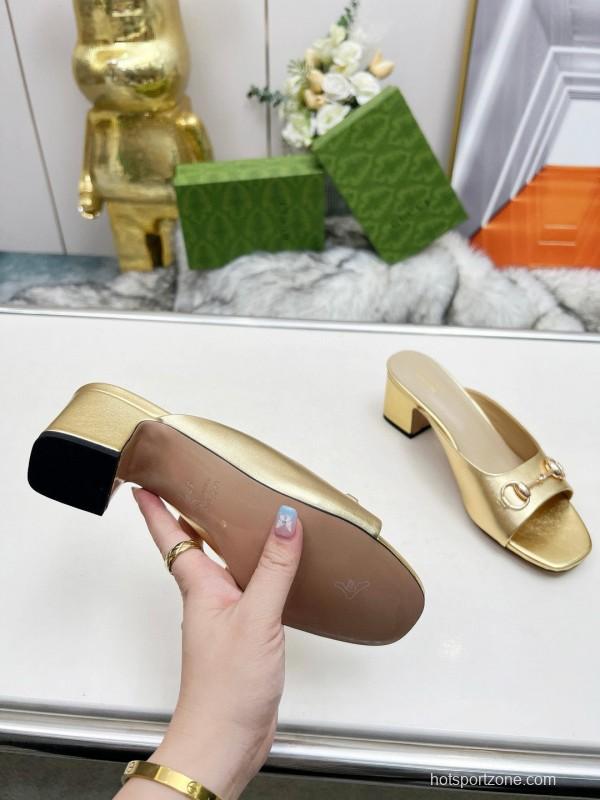 2025 Women Gucci Gold Leather Heeled Slip-On Horsebit MJ00180