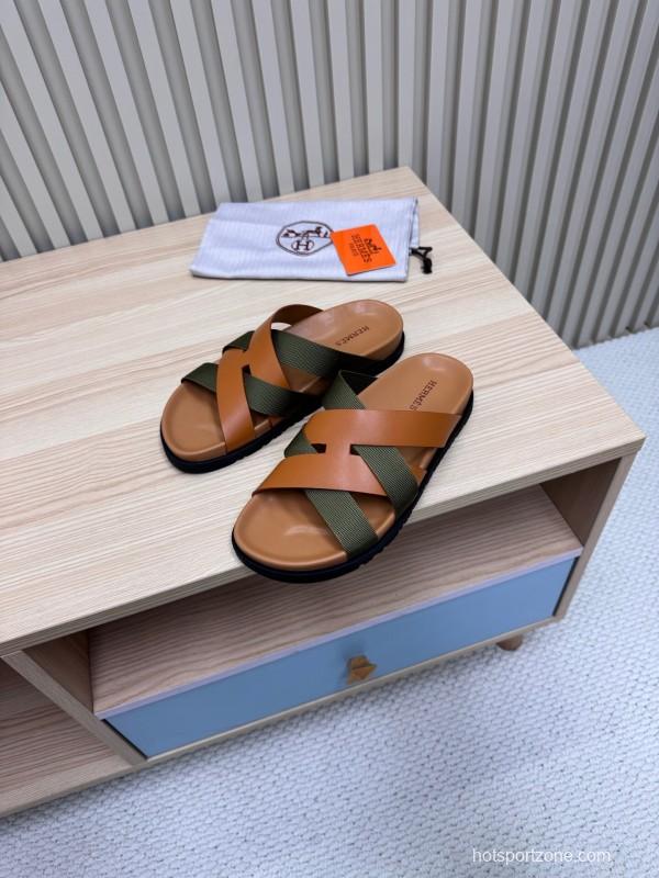 2025 Slippers Hermès Brown Green Leather Fabric Slippers