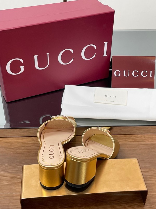 2025 Women Gucci Gold Leather Mules Block Heel