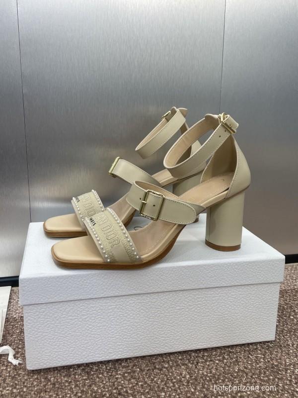 2025 Women Dior Beige Leather Sandals Ankle Strap KFY00320