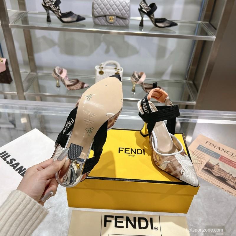 2025 Women Fendi Beige Black Mesh Leather Heels MJ00280