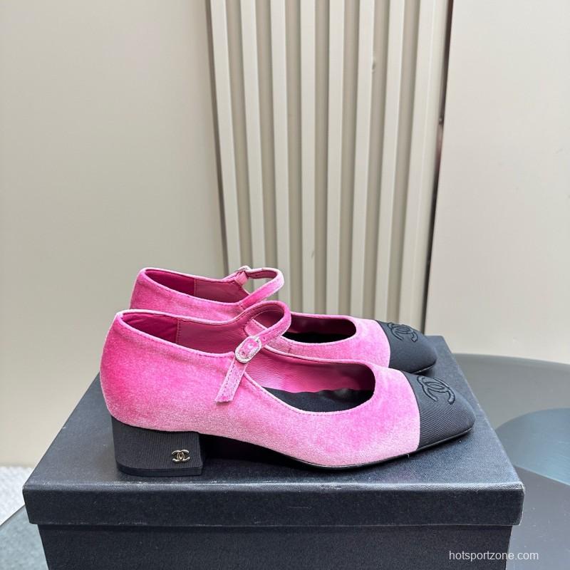 2025 Women Chanel Pink Black Velvet Mary Jane Shoes