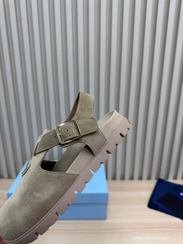 2025 Women Prada Khaki Suede Sandals LY00280