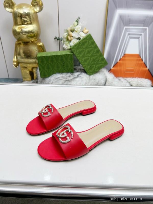 2025 Gucci Red Leather Slippers GG Ornament MJ00190