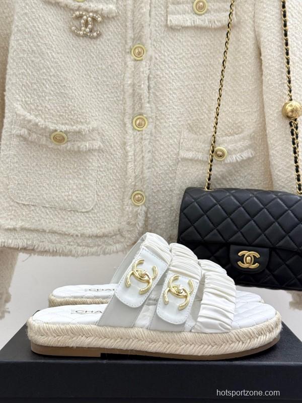 2025 Women Chanel White Leather Slippers KFY00230