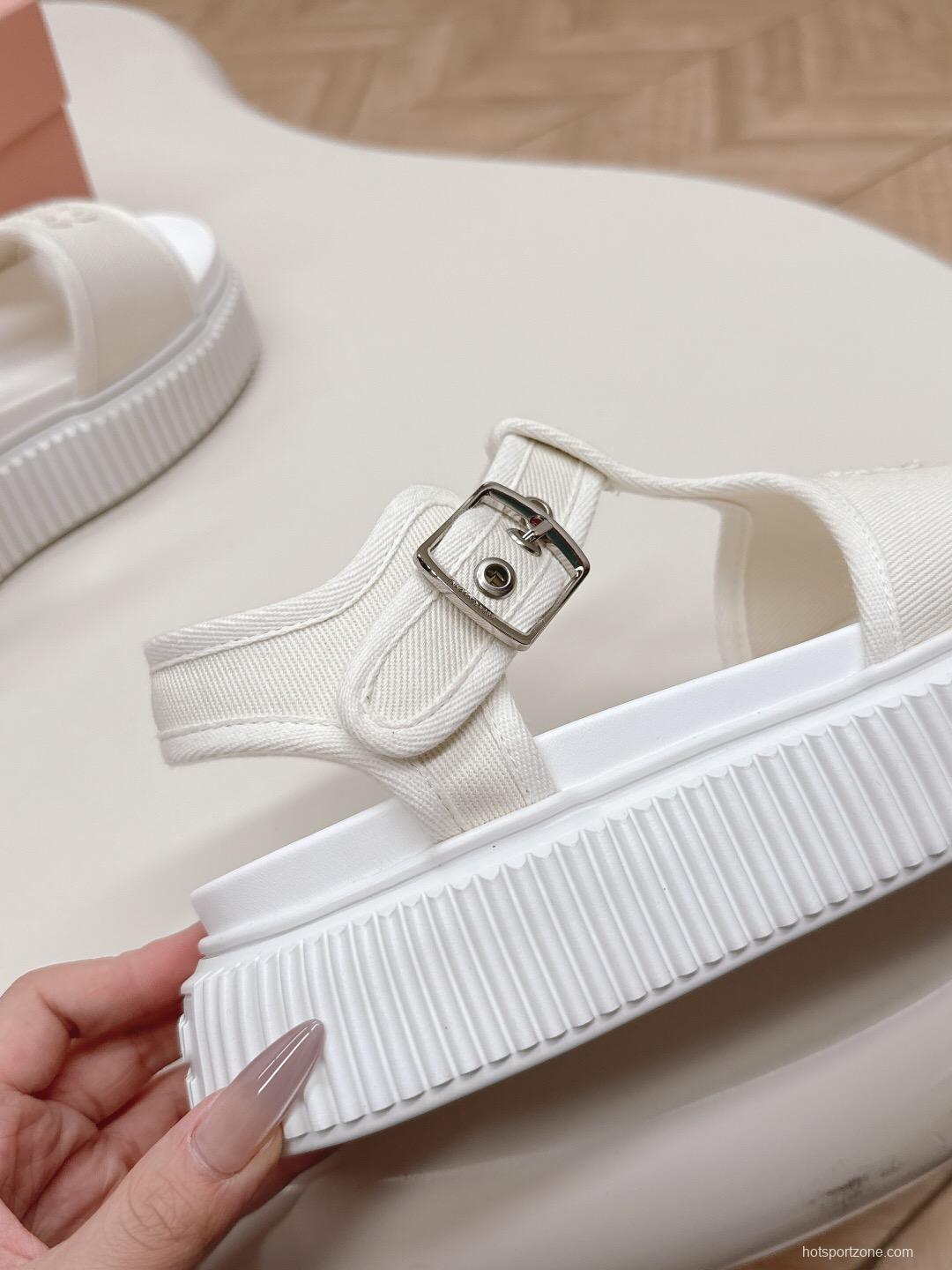 2025 Women Miu Miu White Canvas Sandals