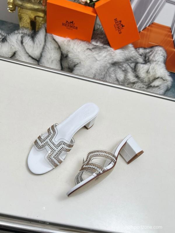 2025 Herme* White Leather Slippers Classic H Pattern MJ00180/215
