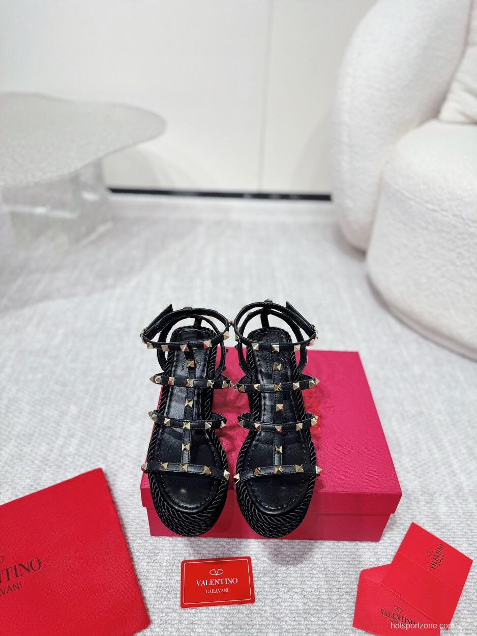 2025 Women Valentino Black Leather Studded Wedge Sandals