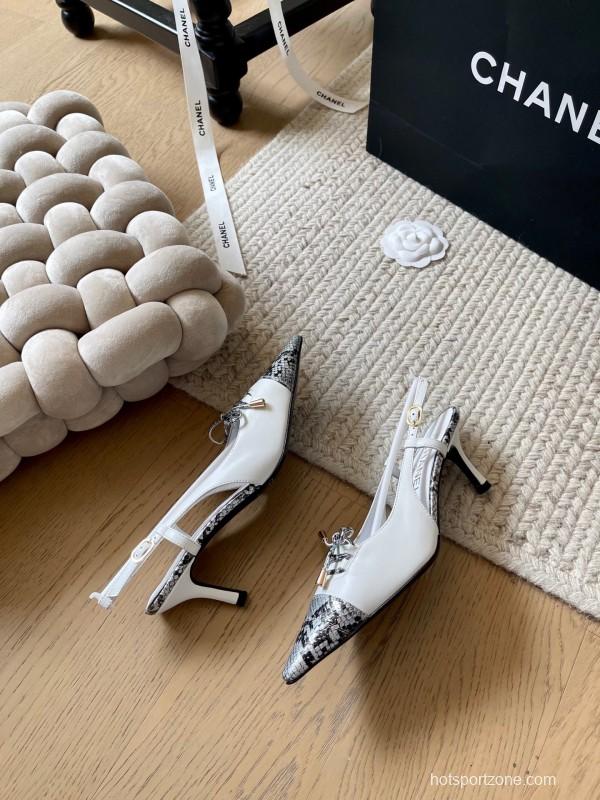2025 Women Chanel White Black Python Leather Slingback Heels