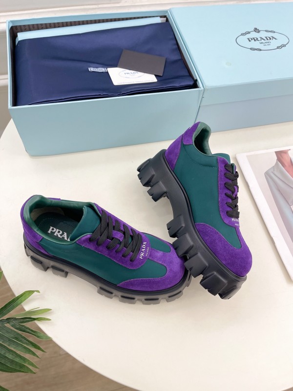 2025 Unisex Prada Purple Green Suede Silk Sneakers KFY00310(F)/KFY00330(M)