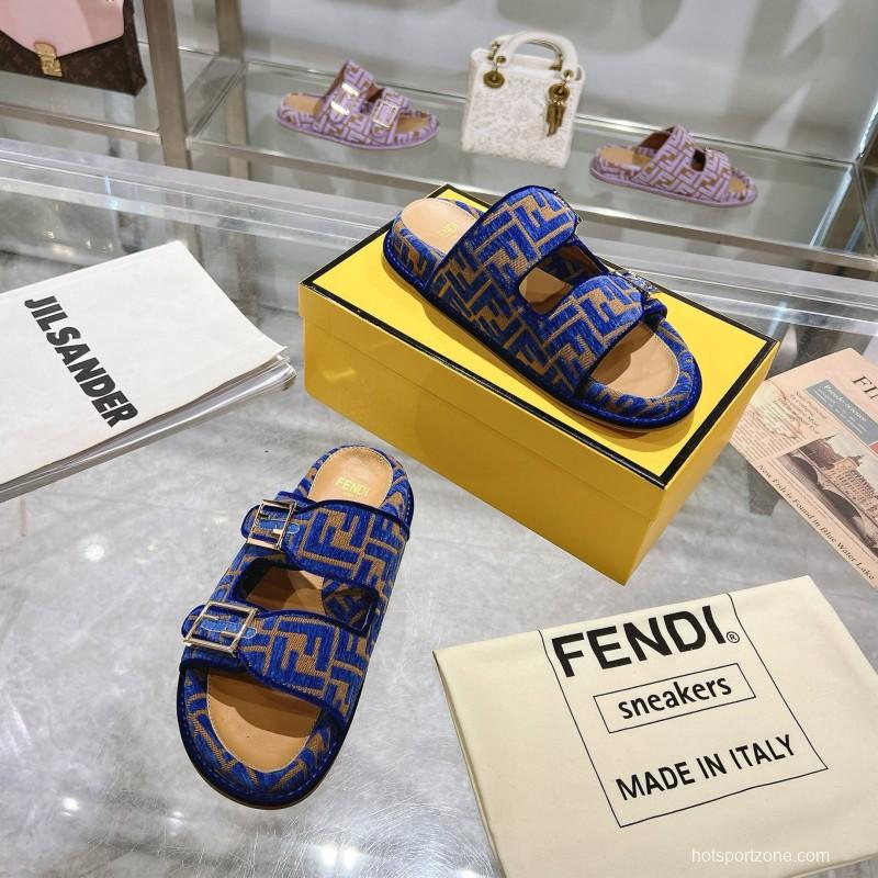 2025 Slippers Fendi Blue Brown Jacquard Buckle KFY00250