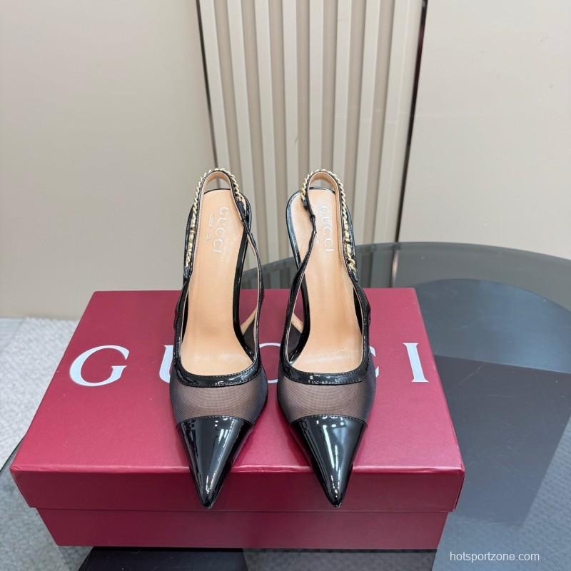 2025 Women Gucci Black Mesh Chain Strap High Heel Pumps KFY00300(F)