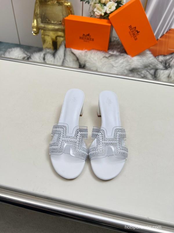 2025 Slippers Hermès White Leather Crystal MJ00180