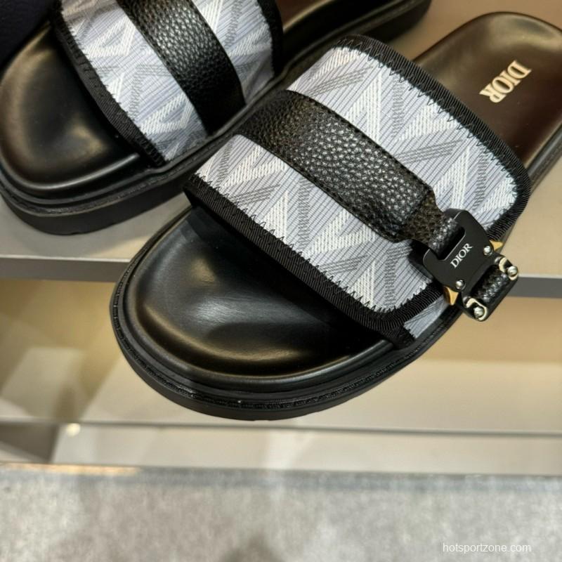 2024 Men Dior Black White Oblique Embroidered Leather Sandals H-Town MJ00190