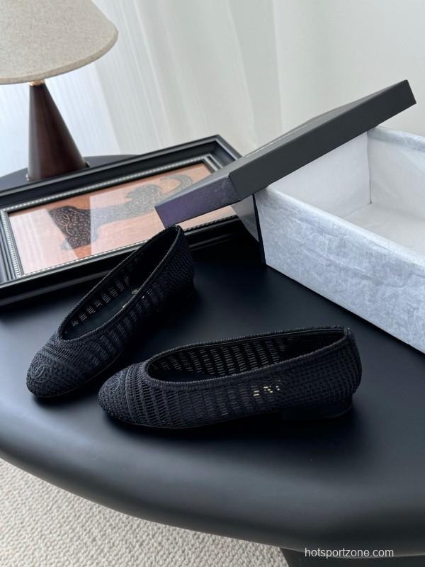2025 Women Chanel Black Mesh Ballet Flats LY00280