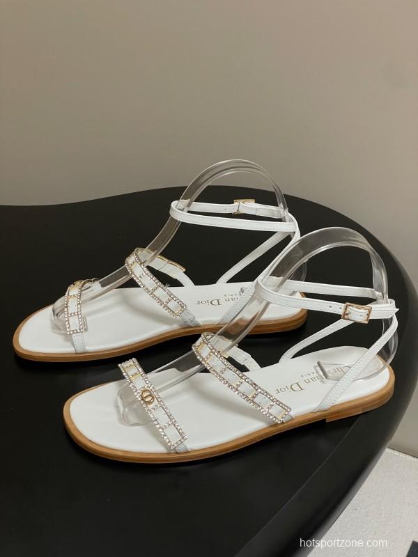 2025 Women Dior White Leather Flat Sandals Crystal Embellishment