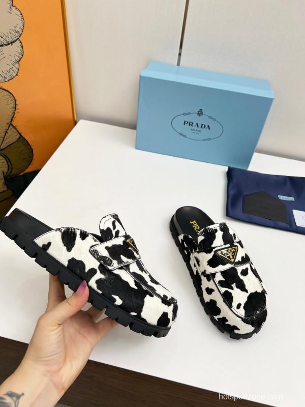 2025 Women Prada Black White Calf Hair Slippers LY00270