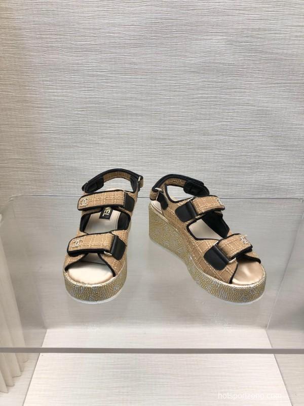 2025 Women Chanel Beige Black Leather Sandals Platform Thick Sole LY00330