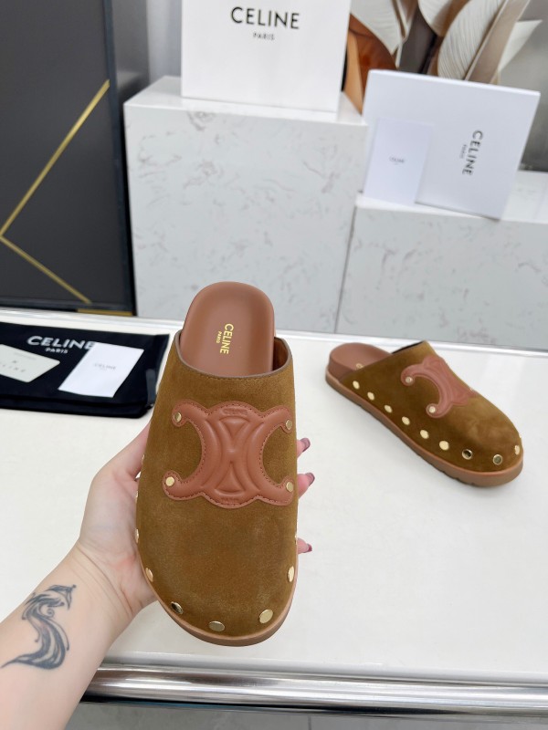 2025 Slippers Celine Brown Pink Suede Leather Studded LY00240