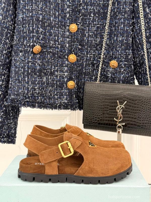 2025 Women Prada Brown Suede Sandals KFY00280
