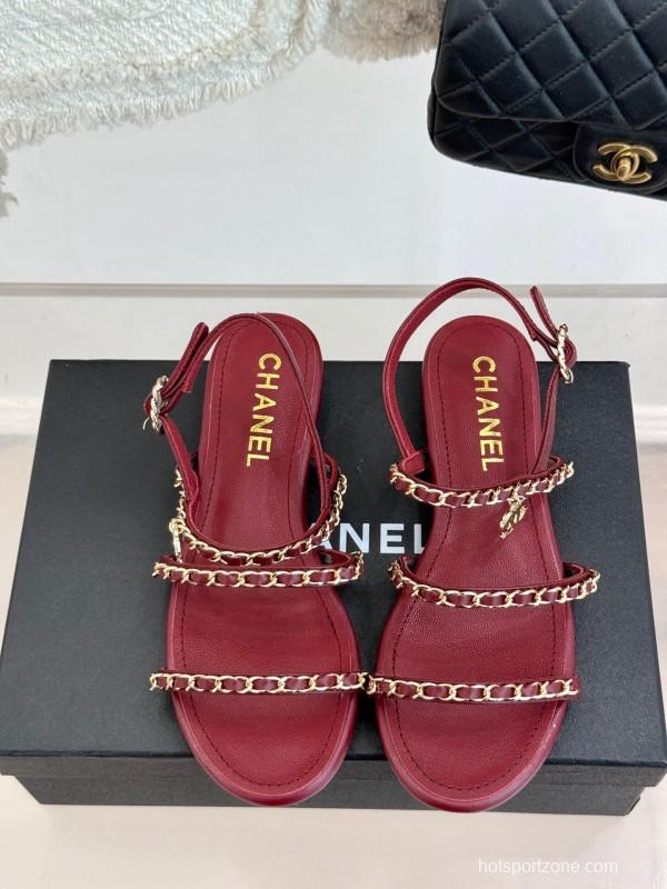 2025 Women Chanel Red Lambskin Chain Strap Sandals
