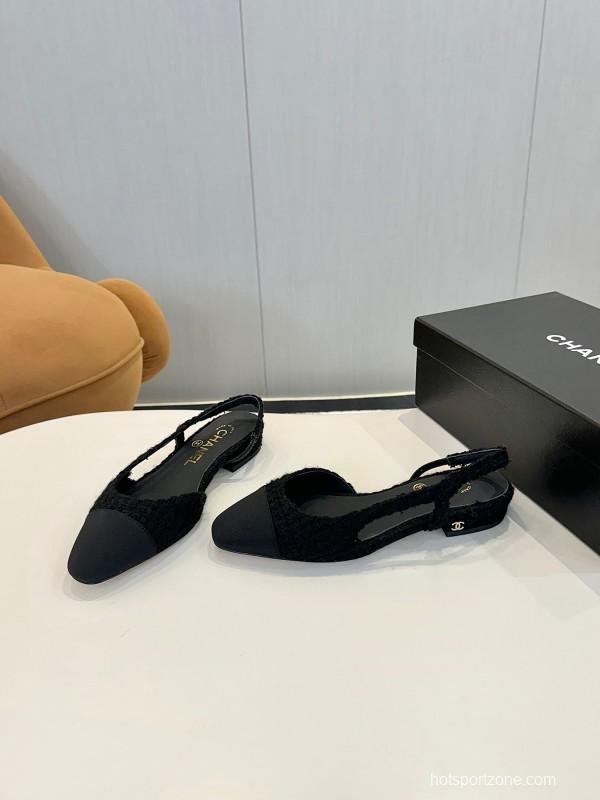 2025 Women Chanel Black Leather Bouclé Ballet Flats LY00240