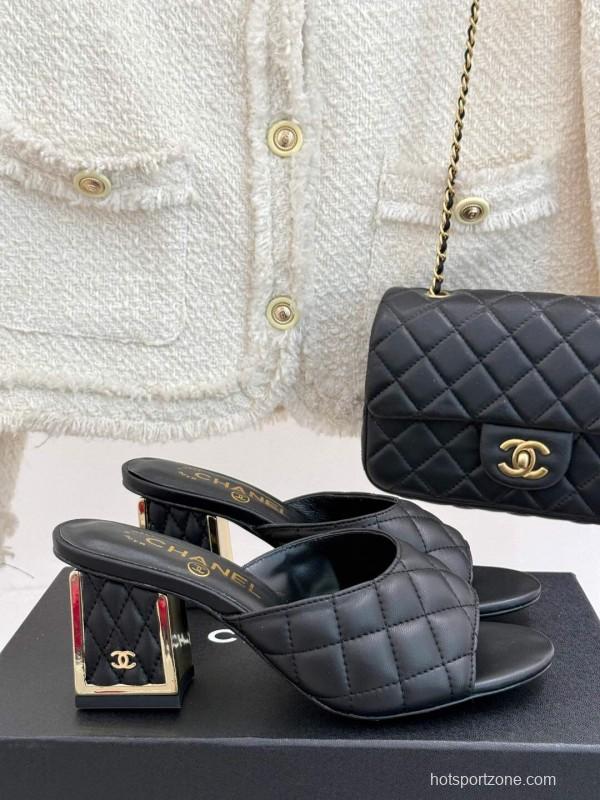 2025 Women Chanel Black Sheepskin Quilted High Heel Sandals